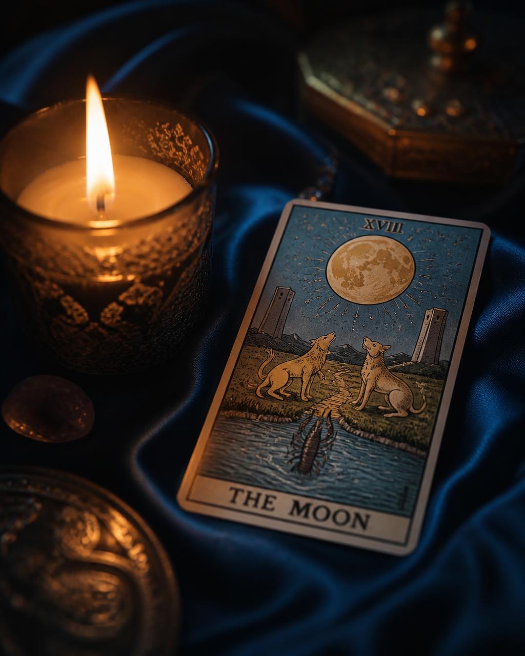 A candle beside a tarot card in a moody blue setting